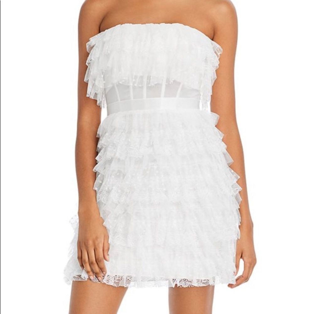 BCBG white strapless ruffle dress